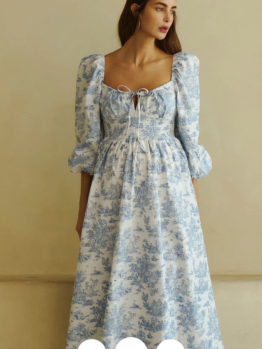Nothing Fits But… Linen Blue Toile Puff-Sleeve Maxi Dress in Paris